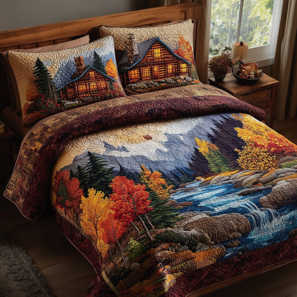 Serene Autumn Bliss quilted 3-piece bedding set on a made bed with two matching pillow shams