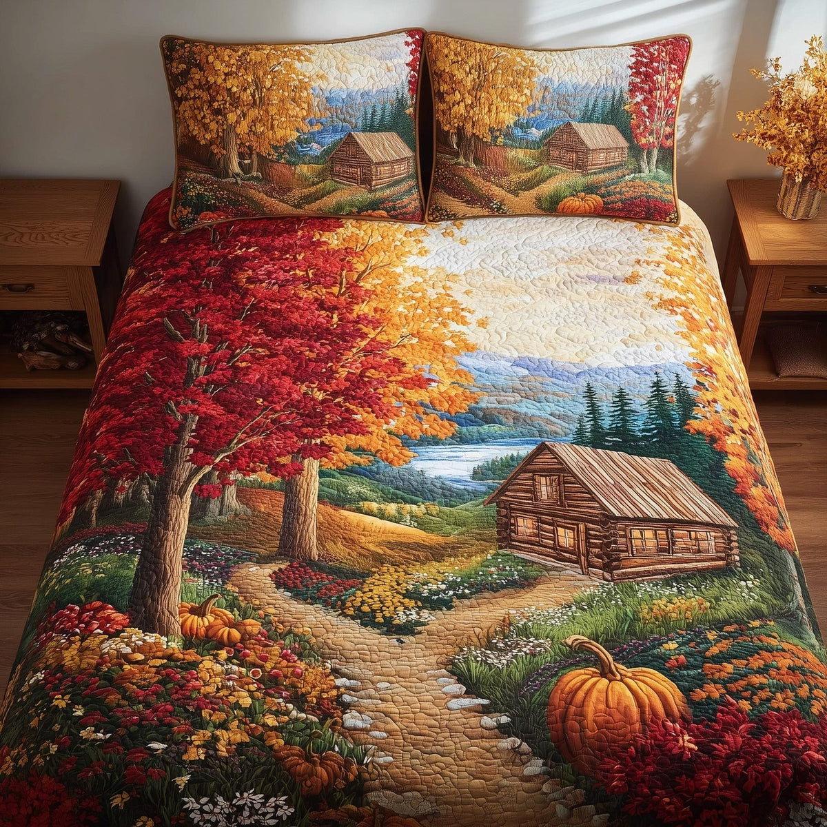 Serene Autumn Bliss quilted 3-piece bedding set on a made bed with two matching pillow shams