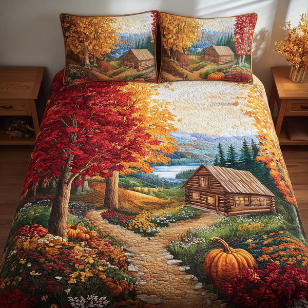 Serene Autumn Bliss quilted 3-piece bedding set on a made bed with two matching pillow shams