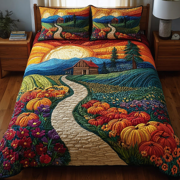 Serene Autumn Bliss quilted 3-piece bedding set on a made bed with two matching pillow shams