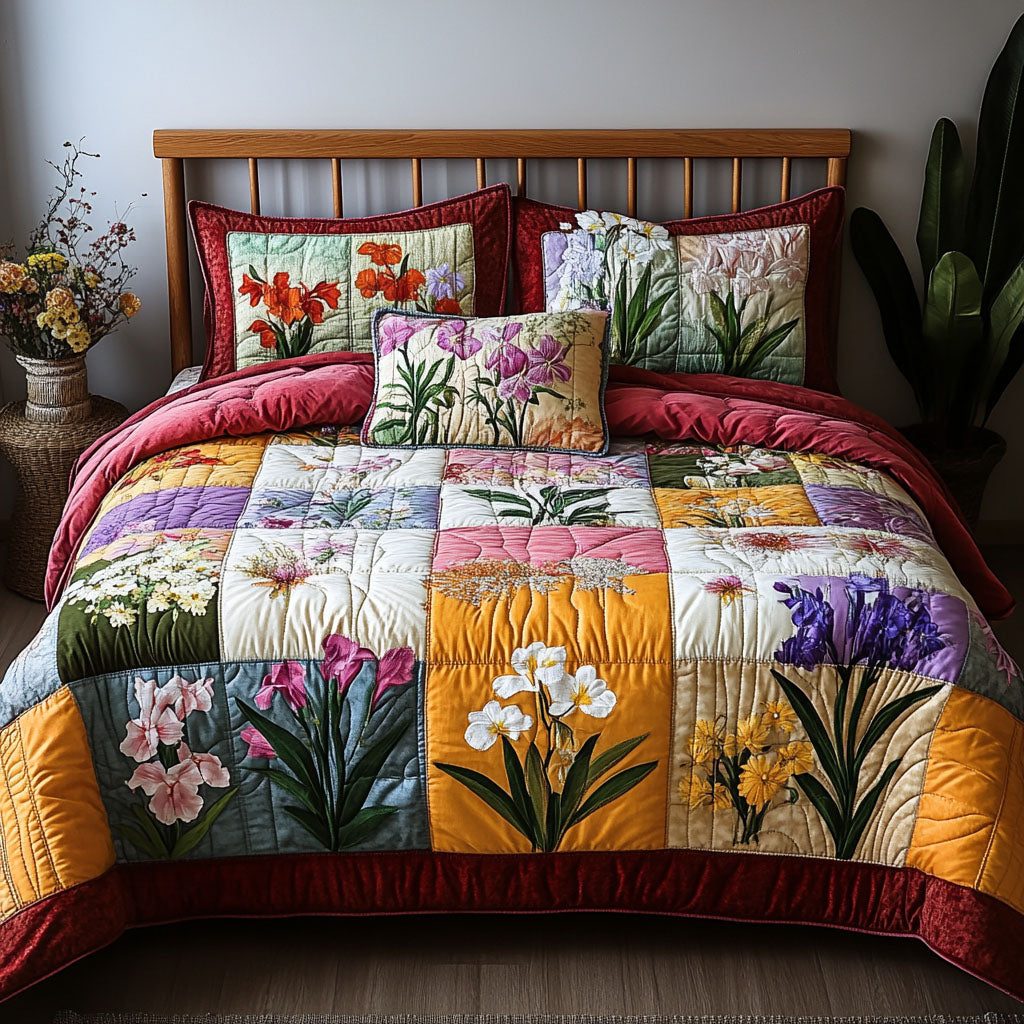 Serene Bloom quilted 3-piece bedding set on a made bed with two matching pillow shams