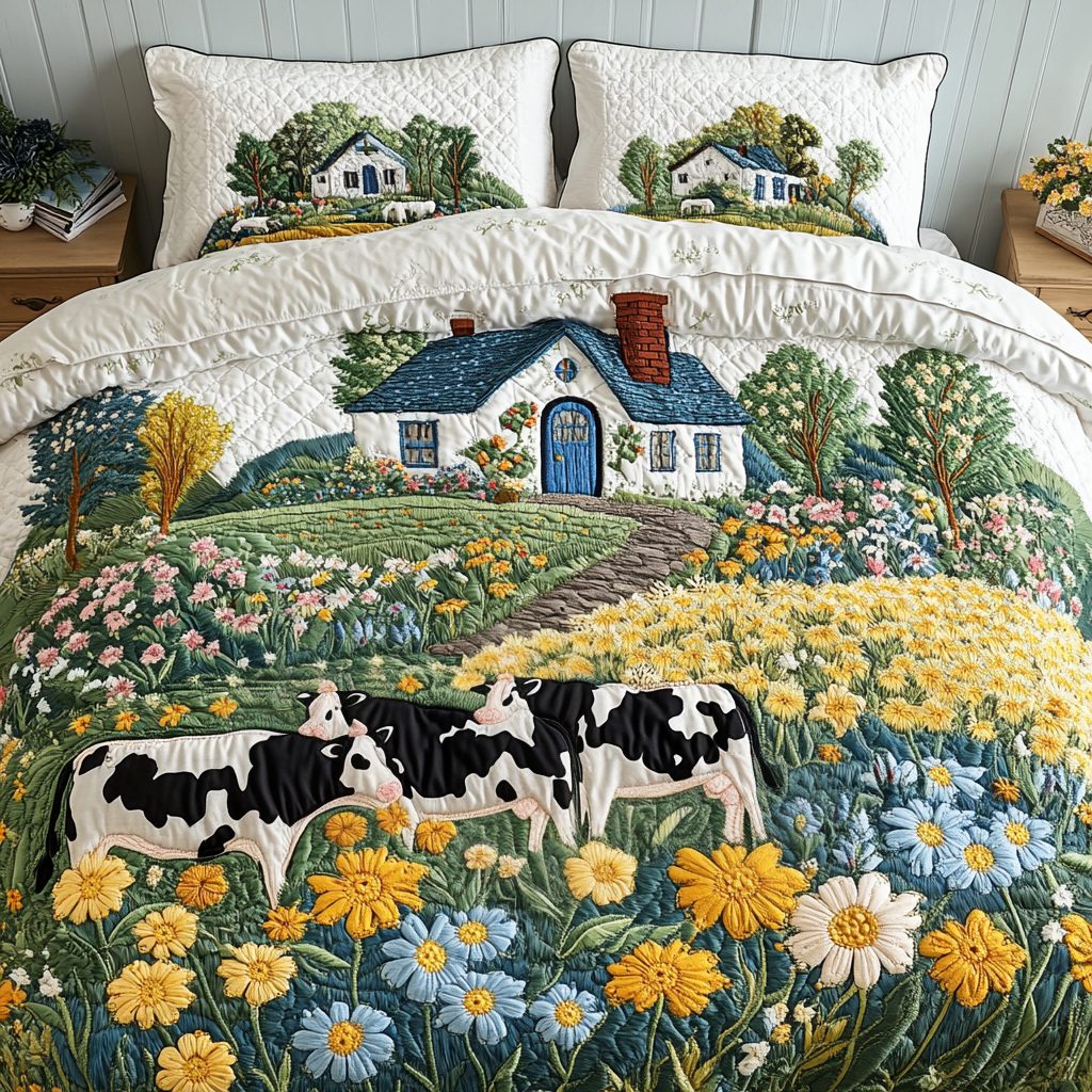 Serene Blooms quilted 3-piece bedding set on a made bed with two matching pillow shams