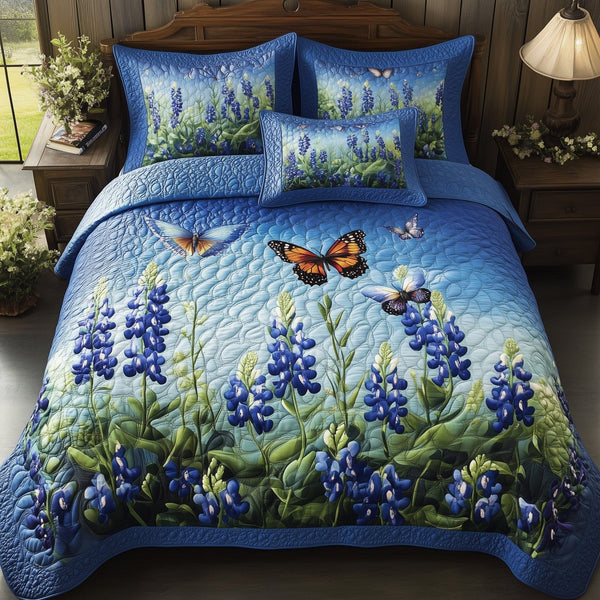 Serene Bluebonnet quilted 3-piece bedding set on a made bed with two matching pillow shams