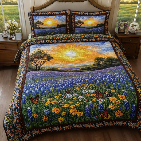 Serene Bluebonnet quilted 3-piece bedding set on a made bed with two matching pillow shams