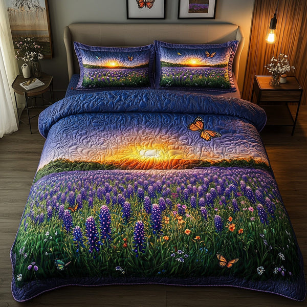 Serene Bluebonnet quilted 3-piece bedding set on a made bed with two matching pillow shams