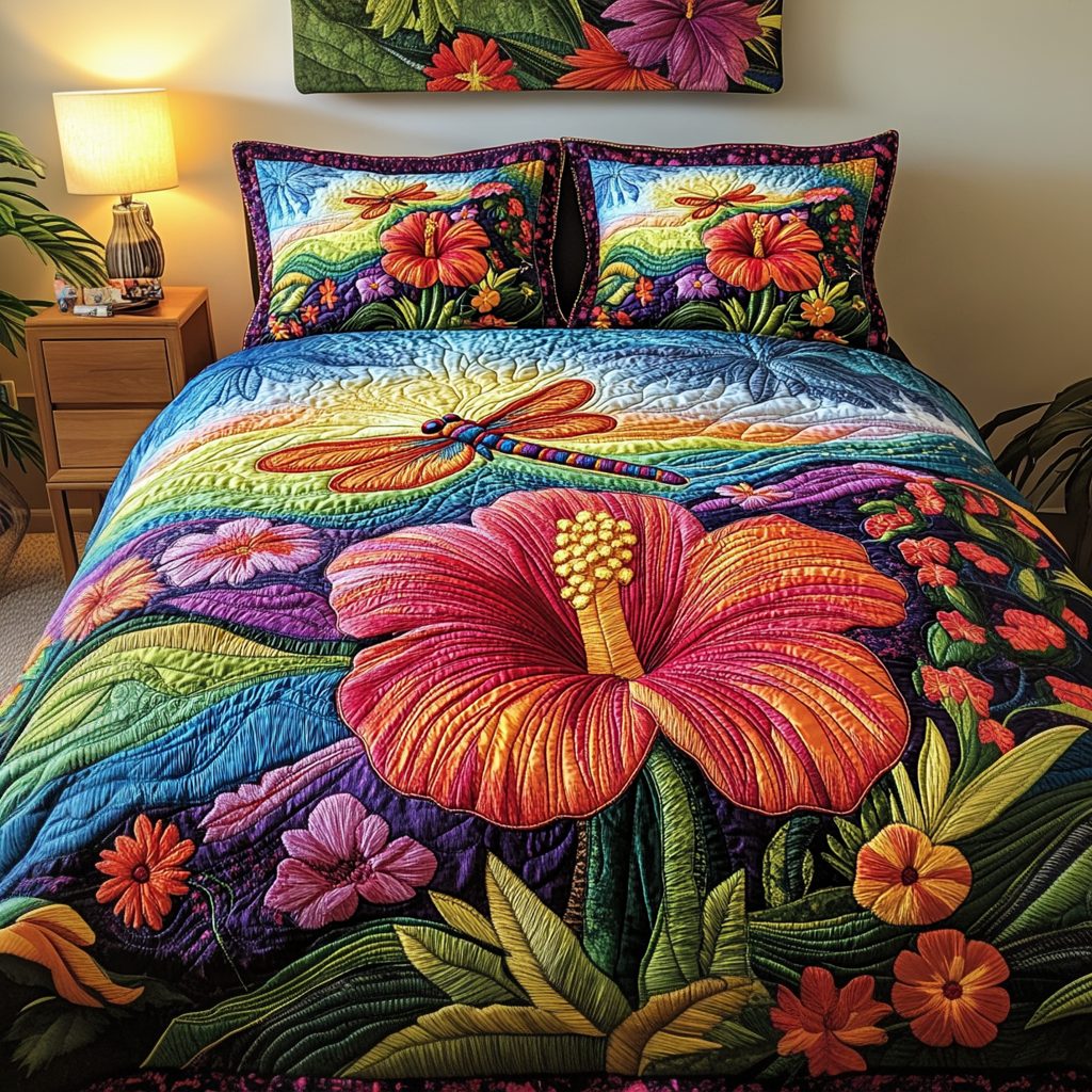 Serene Breeze quilted 3-piece bedding set on a made bed with two matching pillow shams