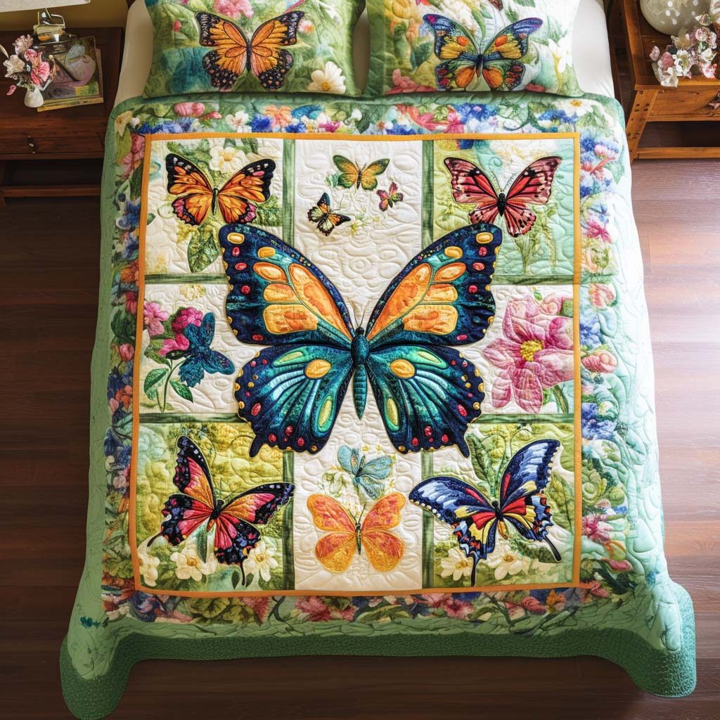 Serene Butterfly Hues quilted 3-piece bedding set on a made bed with two matching pillow shams
