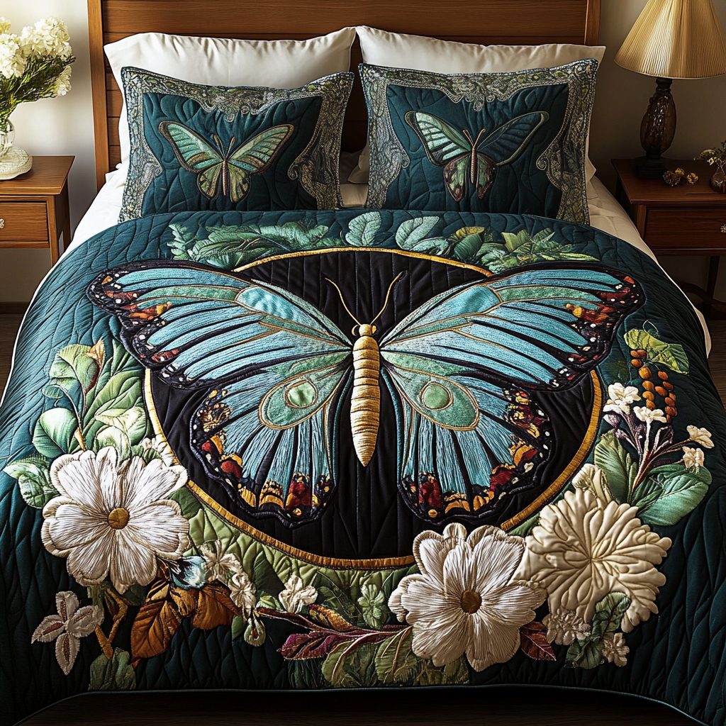 Serene Butterfly quilted 3-piece bedding set on a made bed with two matching pillow shams