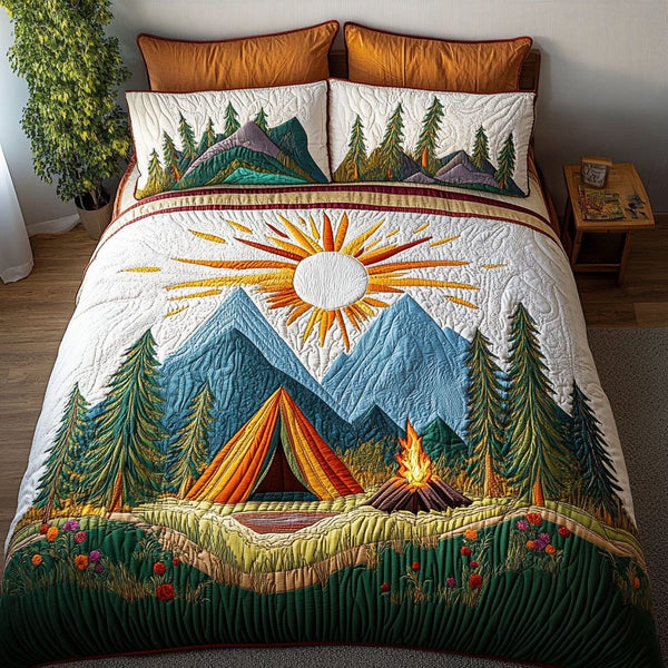 Serene Campfire quilted 3-piece bedding set on a made bed with two matching pillow shams