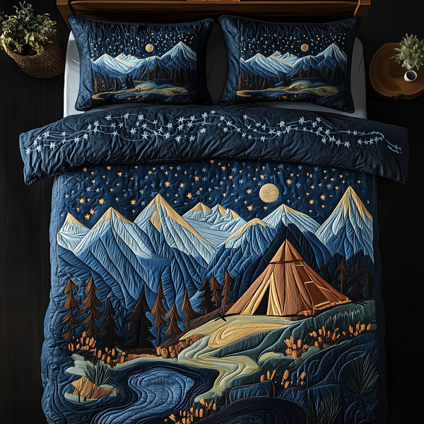 Serene Camping Night quilted 3-piece bedding set on a made bed with two matching pillow shams