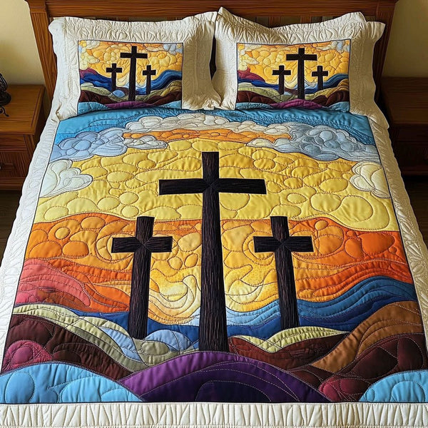 Serene Crosses Landscape quilted 3-piece bedding set on a made bed in a softly lit bedroom