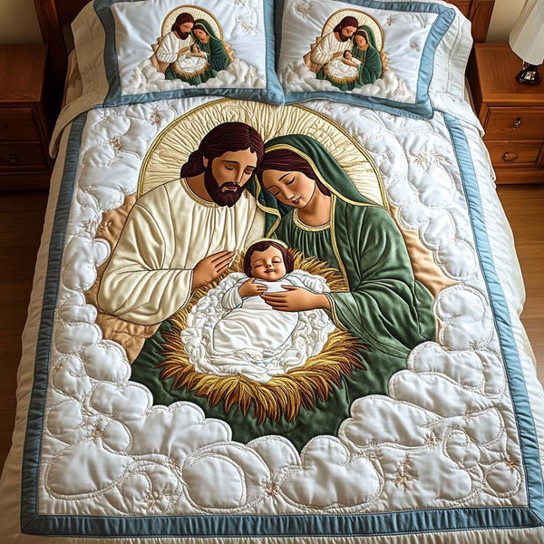 Serene Devotion quilted 3-piece bedding set on a made bed with two matching pillow shams