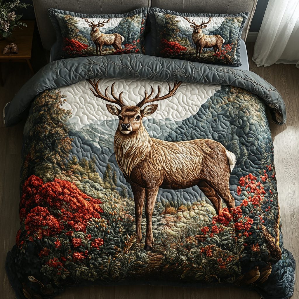 Serene Doe quilted 3-piece bedding set on a made bed with two matching pillow shams