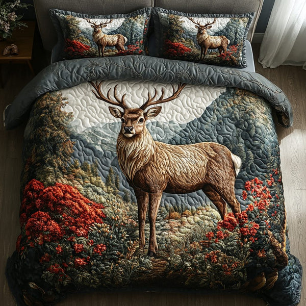 Serene Doe quilted 3-piece bedding set on a made bed with two matching pillow shams