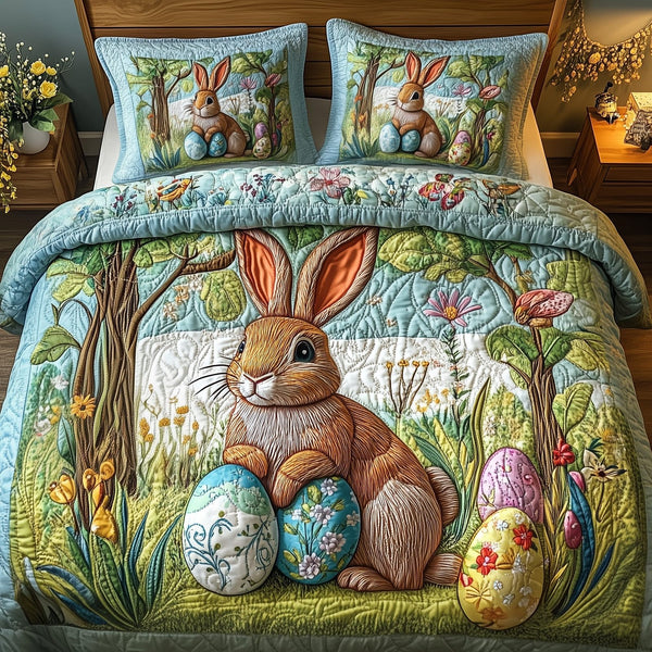 Serene Easter quilted 3-piece bedding set on a made bed with two matching pillow shams