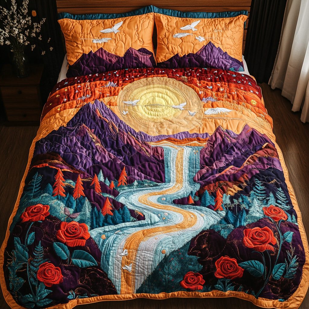 Serene Falls quilted 3-piece bedding set on a made bed with two matching pillow shams