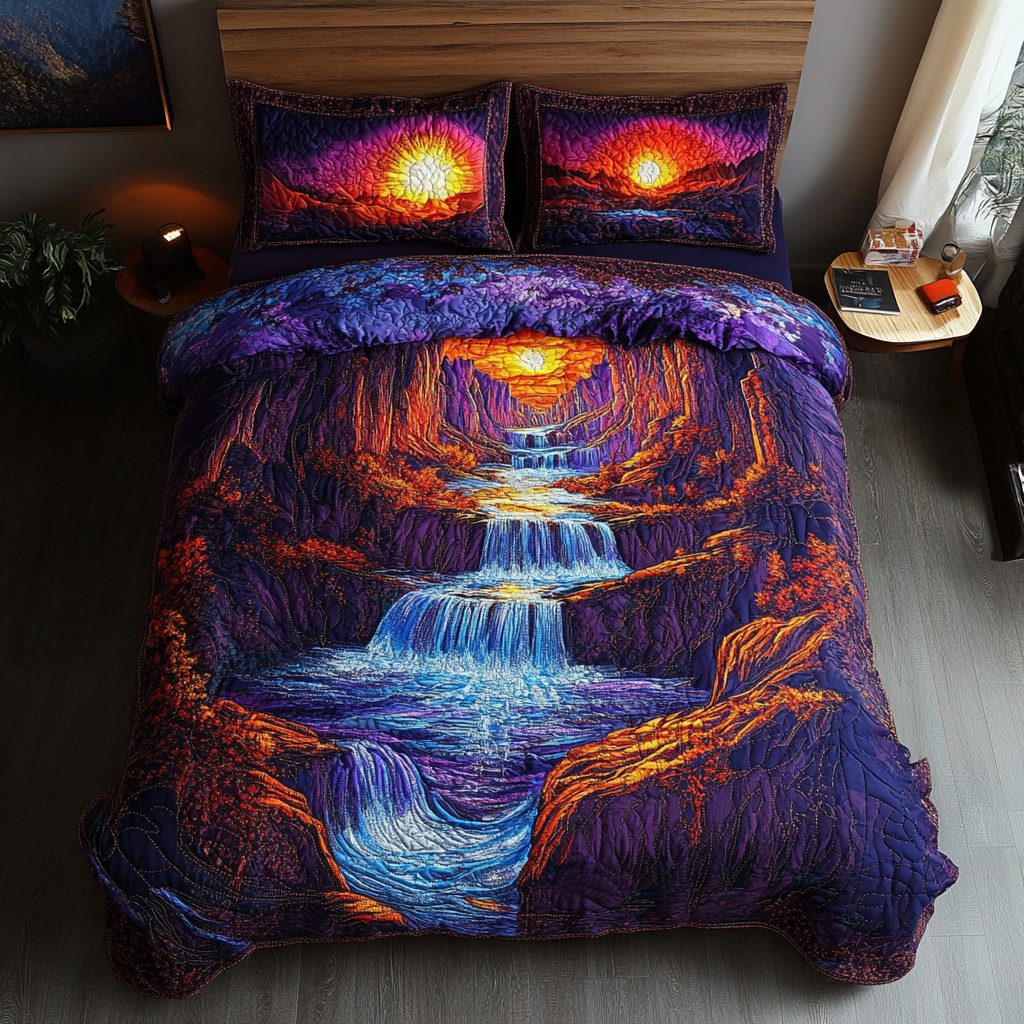 Serene Falls quilted 3-piece bedding set on a made bed with two matching pillow shams