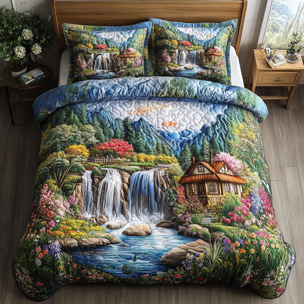 Serene Fields quilted 3-piece bedding set on a made bed with two matching pillow shams