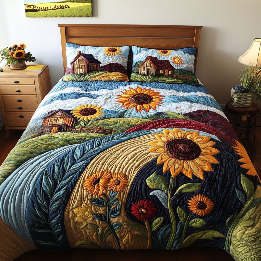 Serene Fields quilted 3-piece bedding set on a made bed with two matching pillow shams