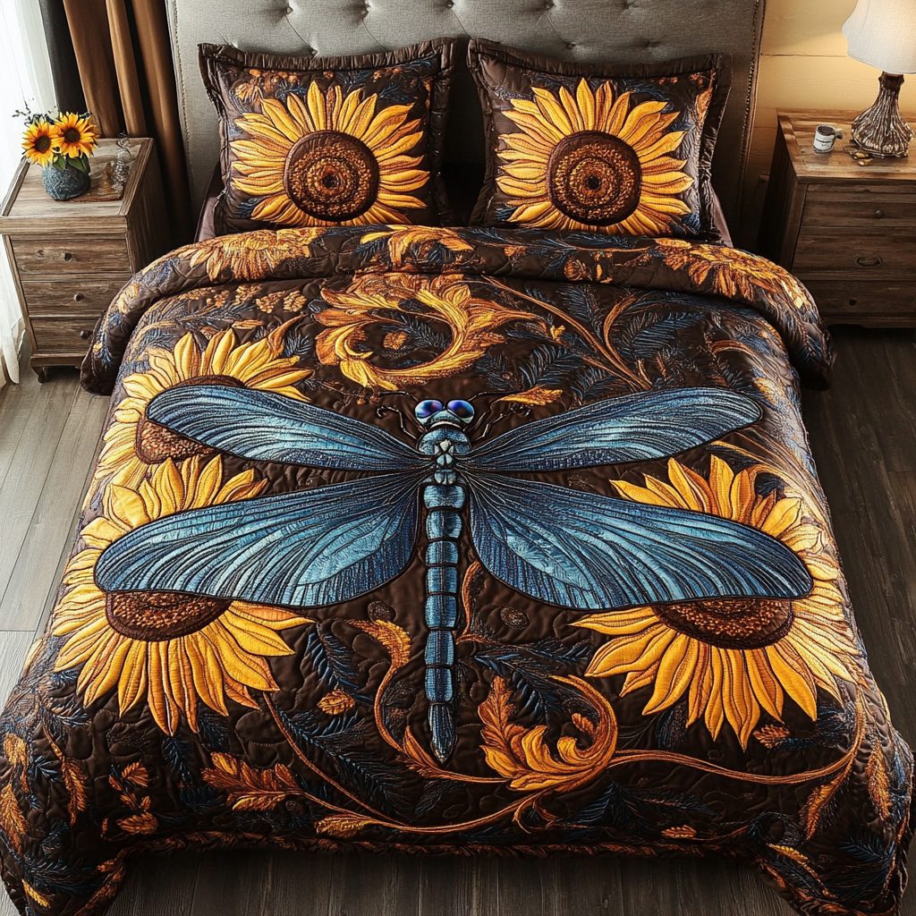 Serene Flight quilted 3-piece bedding set on a made bed with two matching pillow shams