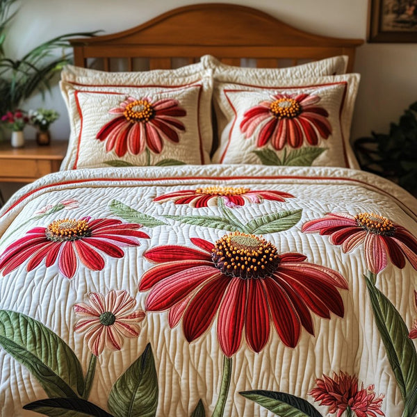 Serene Floral quilted 3-piece bedding set on a made bed with two matching pillow shams