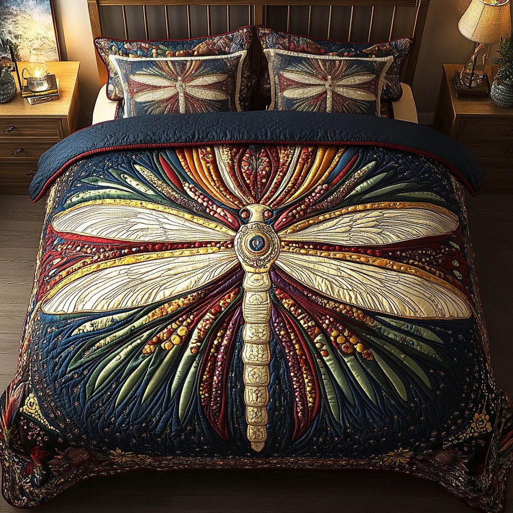 Serene Flutter quilted 3-piece bedding set on a made bed with two matching pillow shams