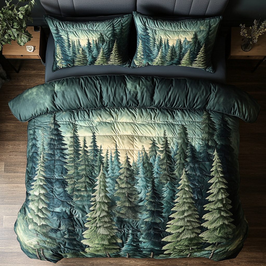 Serene Forest quilted 3-piece bedding set on a made bed with two matching pillow shams