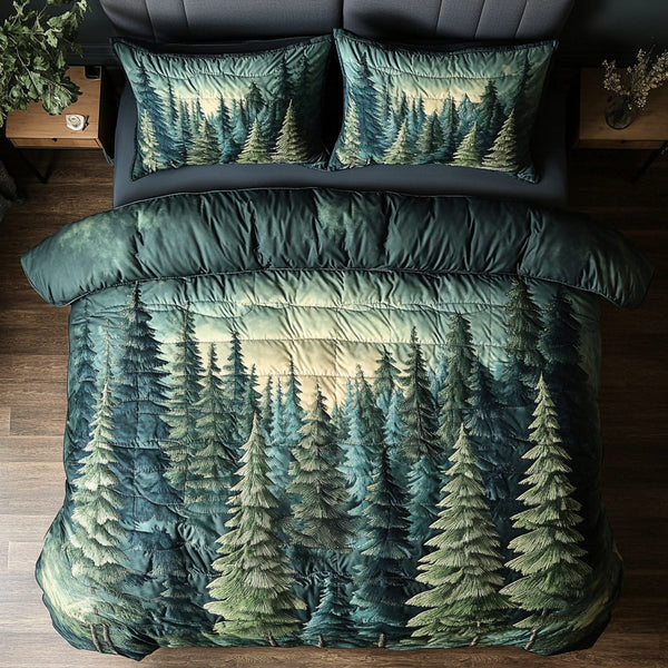 Serene Forest quilted 3-piece bedding set on a made bed with two matching pillow shams
