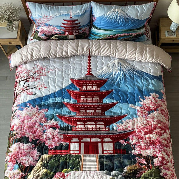Serene Fuji quilted 3-piece bedding set on a made bed with two matching pillow shams