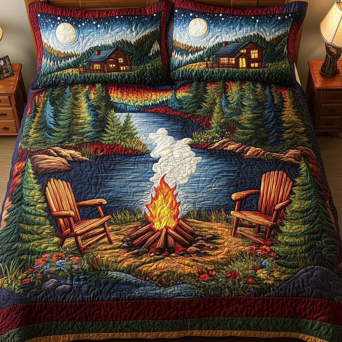 Serene Harmony quilted 3-piece bedding set on a made bed with two matching pillow shams