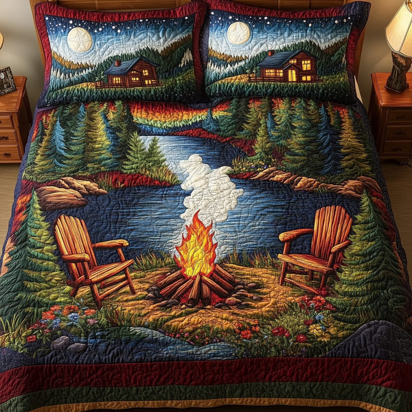 Serene Harmony quilted 3-piece bedding set on a made bed with two matching pillow shams