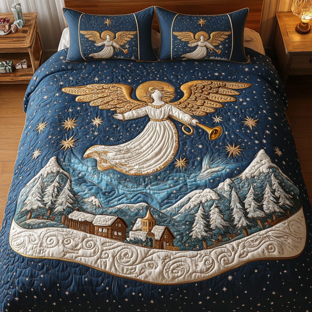 Serene Herald quilted 3-piece bedding set on a made bed with two matching pillow shams