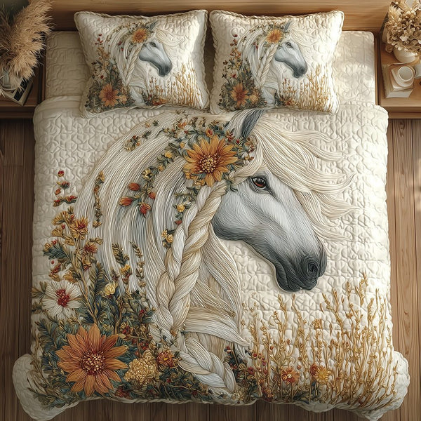 Serene Horse Trail quilted 3-piece bedding set on a made bed in a rustic timber bedroom
