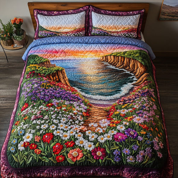 Serene Landscape quilted 3-piece bedding set on a made bed with two matching pillow shams