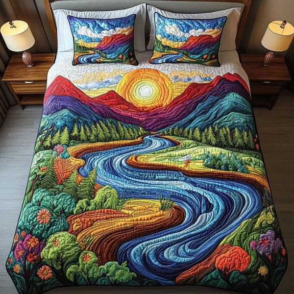 Serene Landscape quilted 3-piece bedding set on a made bed with two matching pillow shams