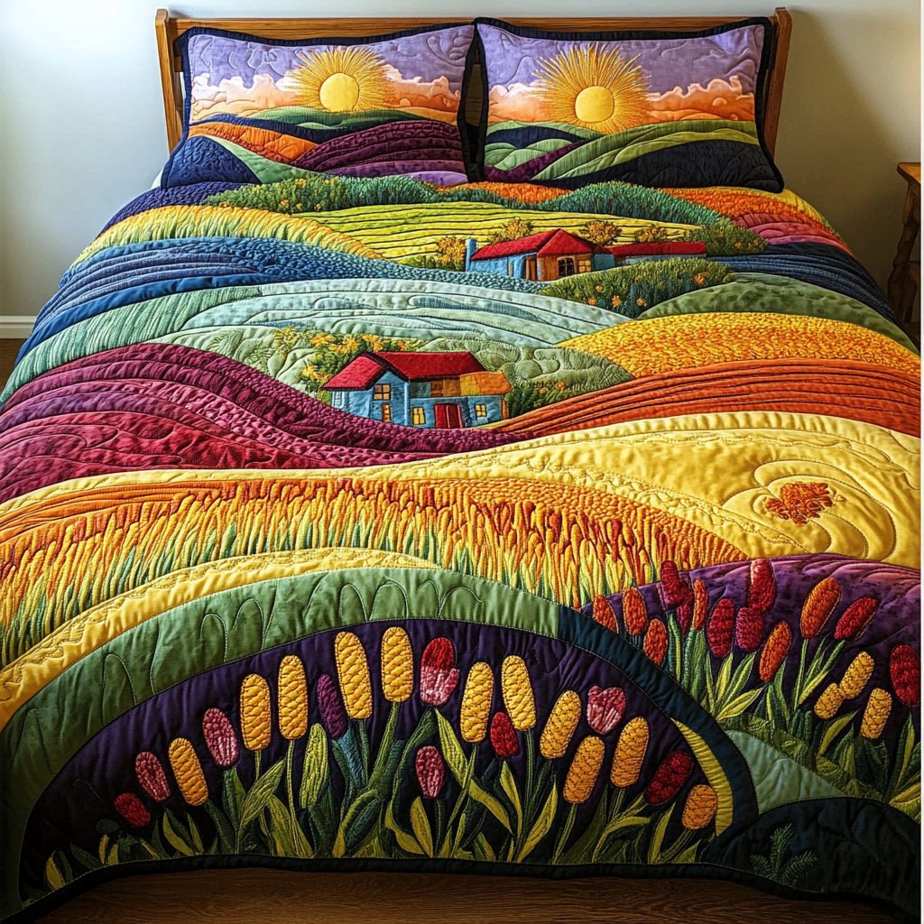 Serene Landscapes quilted 3-piece bedding set on a made bed with two matching pillow shams