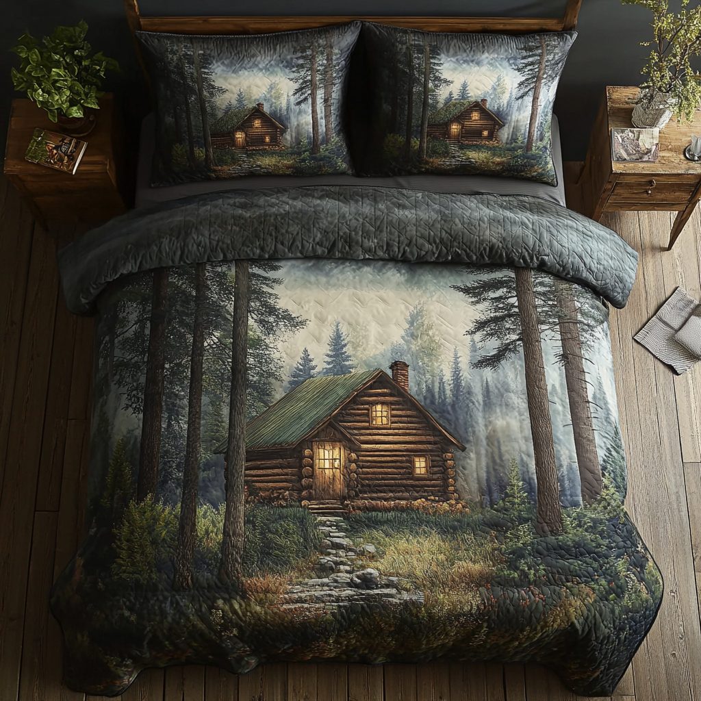Serene Log Cabin quilted 3-piece bedding set on a made bed with two matching pillow shams