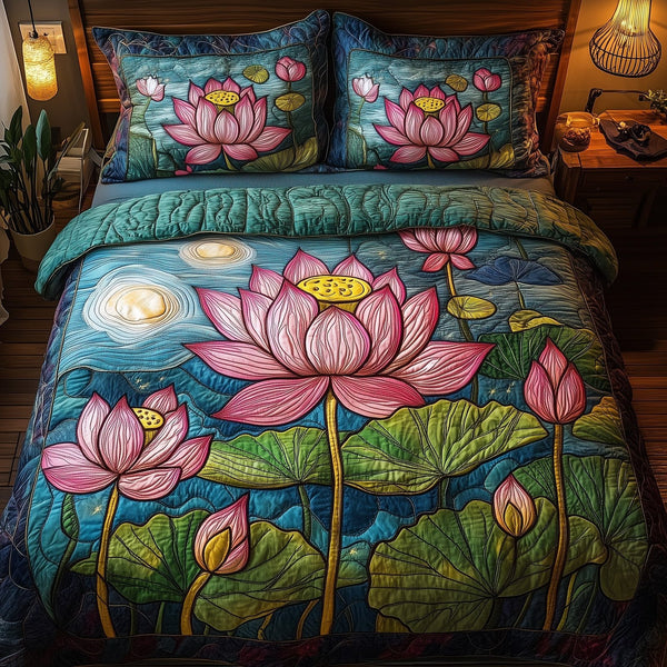 Serene Lotus Elegance quilted 3-piece bedding set on a made bed with two matching pillow shams