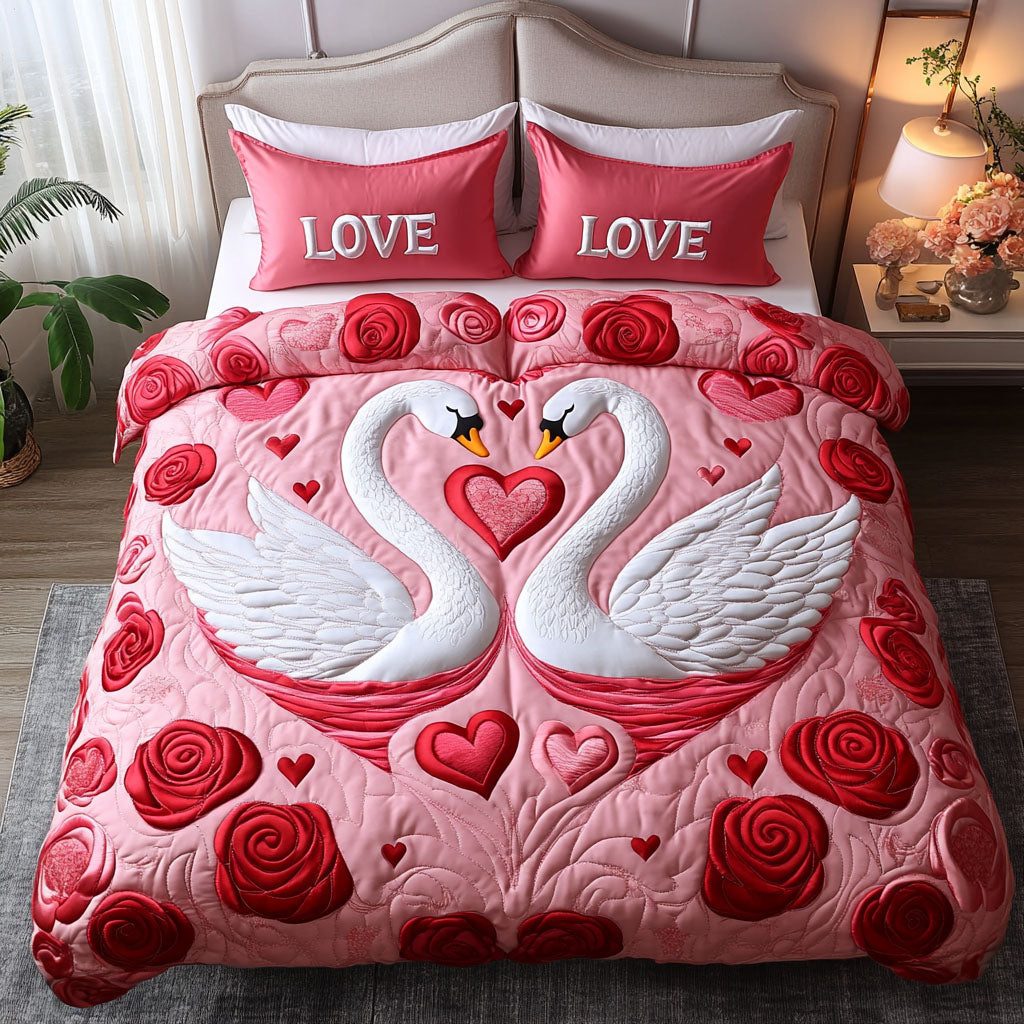 Serene Love quilted 3-piece bedding set on a made bed with two matching pillow shams