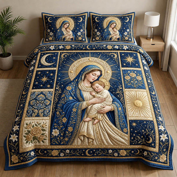 Serene Madonna quilted 3-piece bedding set on a made bed with two matching pillow shams