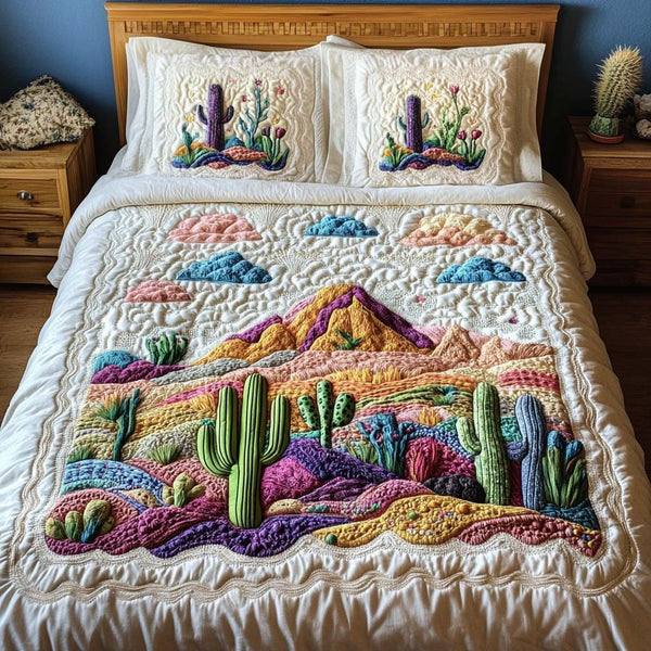Serene Mountains quilted 3-piece bedding set on a made bed with two matching pillow shams