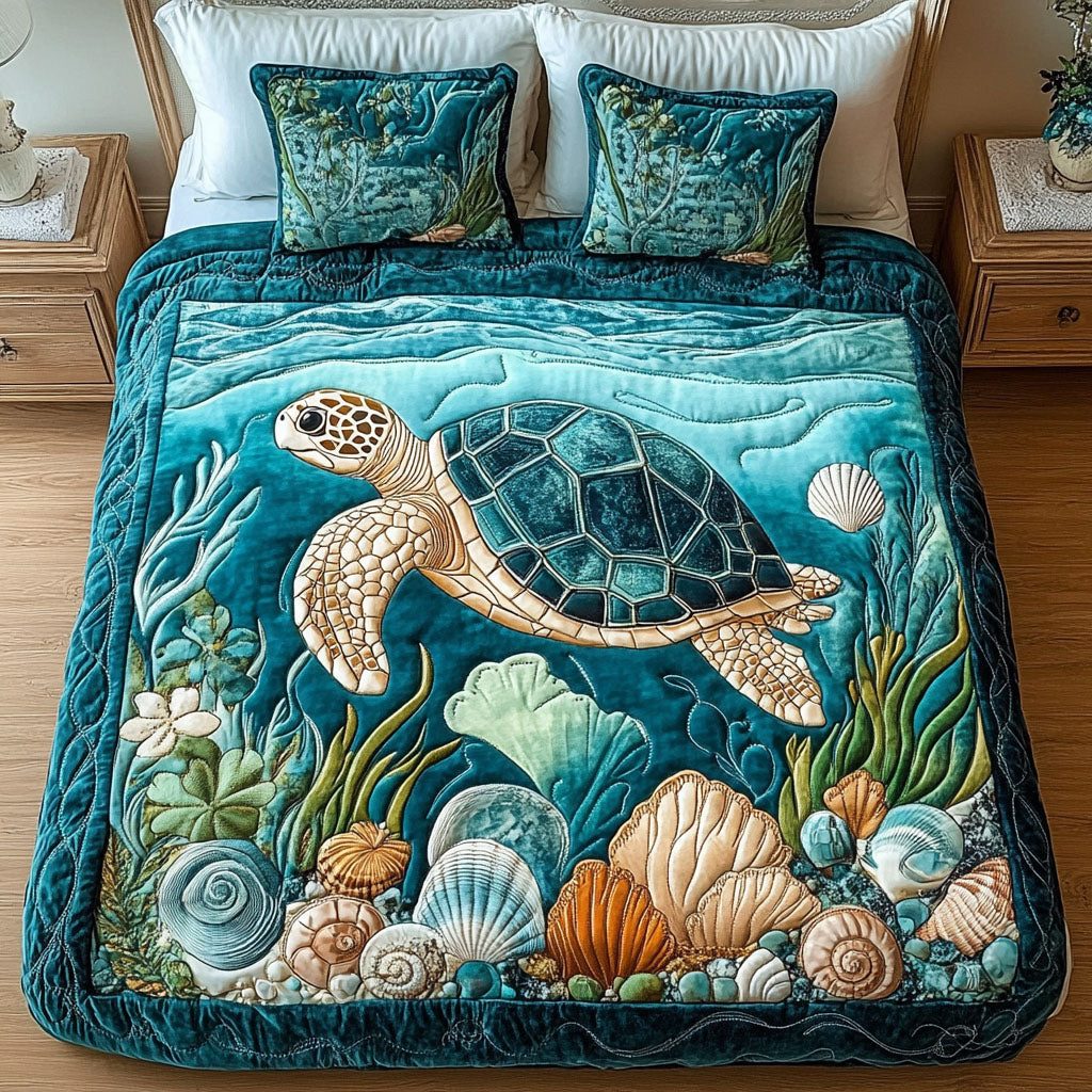 Serene Ocean Escape quilted 3-piece bedding set on a made bed in a light coastal bedroom