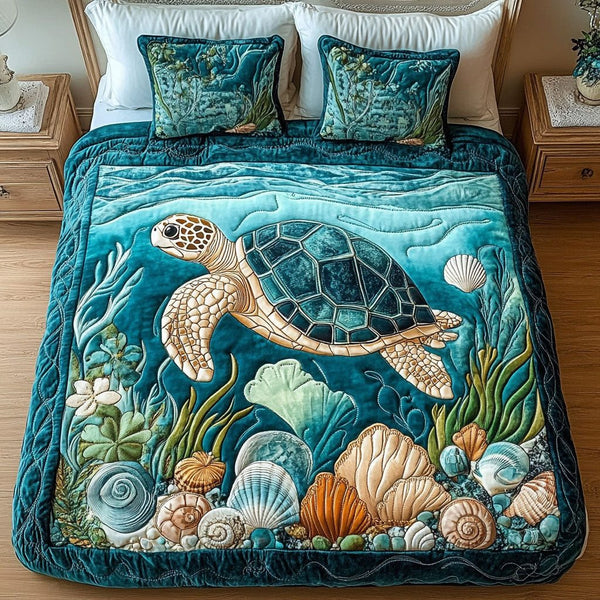 Serene Ocean Escape quilted 3-piece bedding set on a made bed in a light coastal bedroom