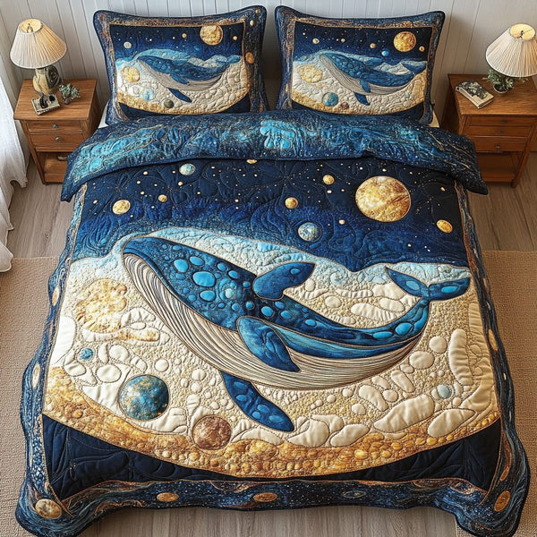 Serene Oceanic Dream quilted 3-piece bedding set on a made bed in a light coastal bedroom
