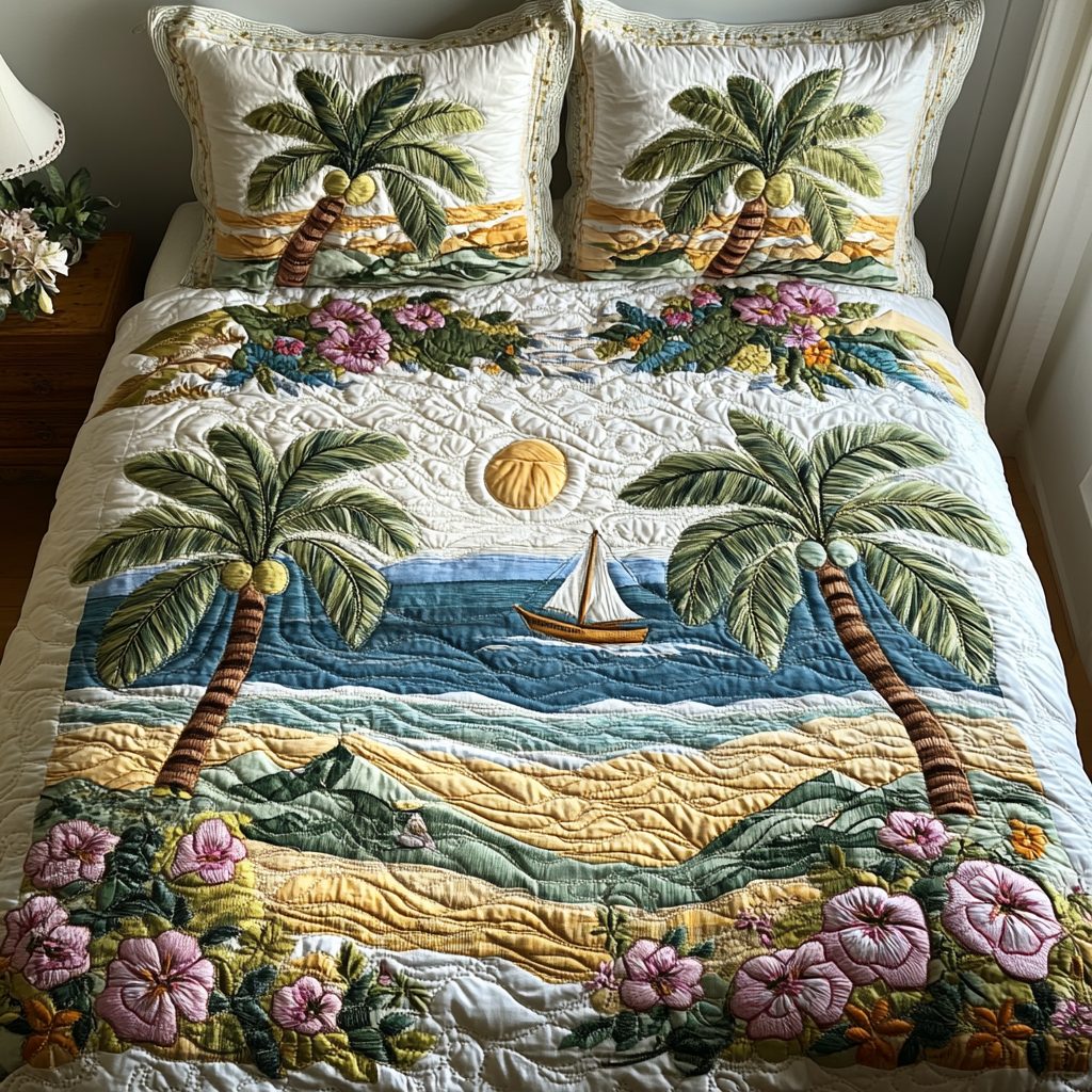 Serene Palm Island quilted 3-piece bedding set on a made bed in a light coastal bedroom