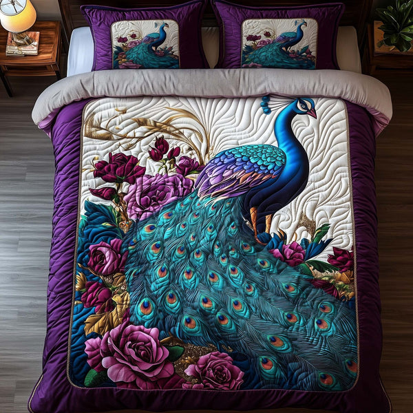 Serene Peacock quilted 3-piece bedding set on a made bed with two matching pillow shams