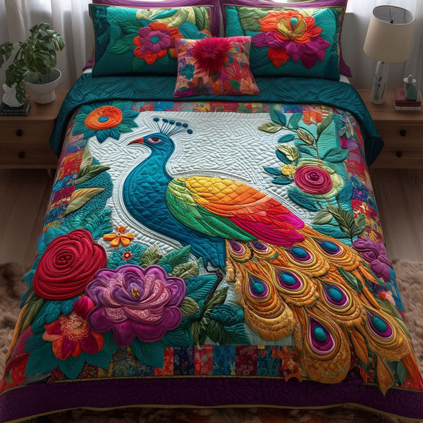 Serene Peacock quilted 3-piece bedding set on a made bed with two matching pillow shams