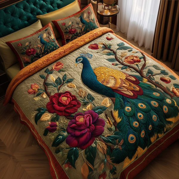 Serene Peacock quilted 3-piece bedding set on a made bed with two matching pillow shams
