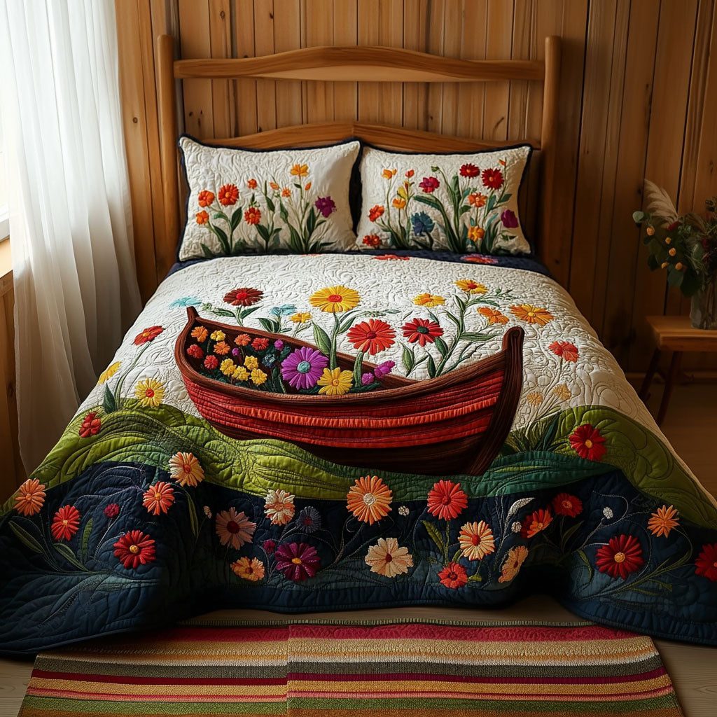 Serene Petal Drift quilted 3-piece bedding set on a made bed with two matching pillow shams