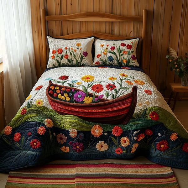 Serene Petal Drift quilted 3-piece bedding set on a made bed with two matching pillow shams